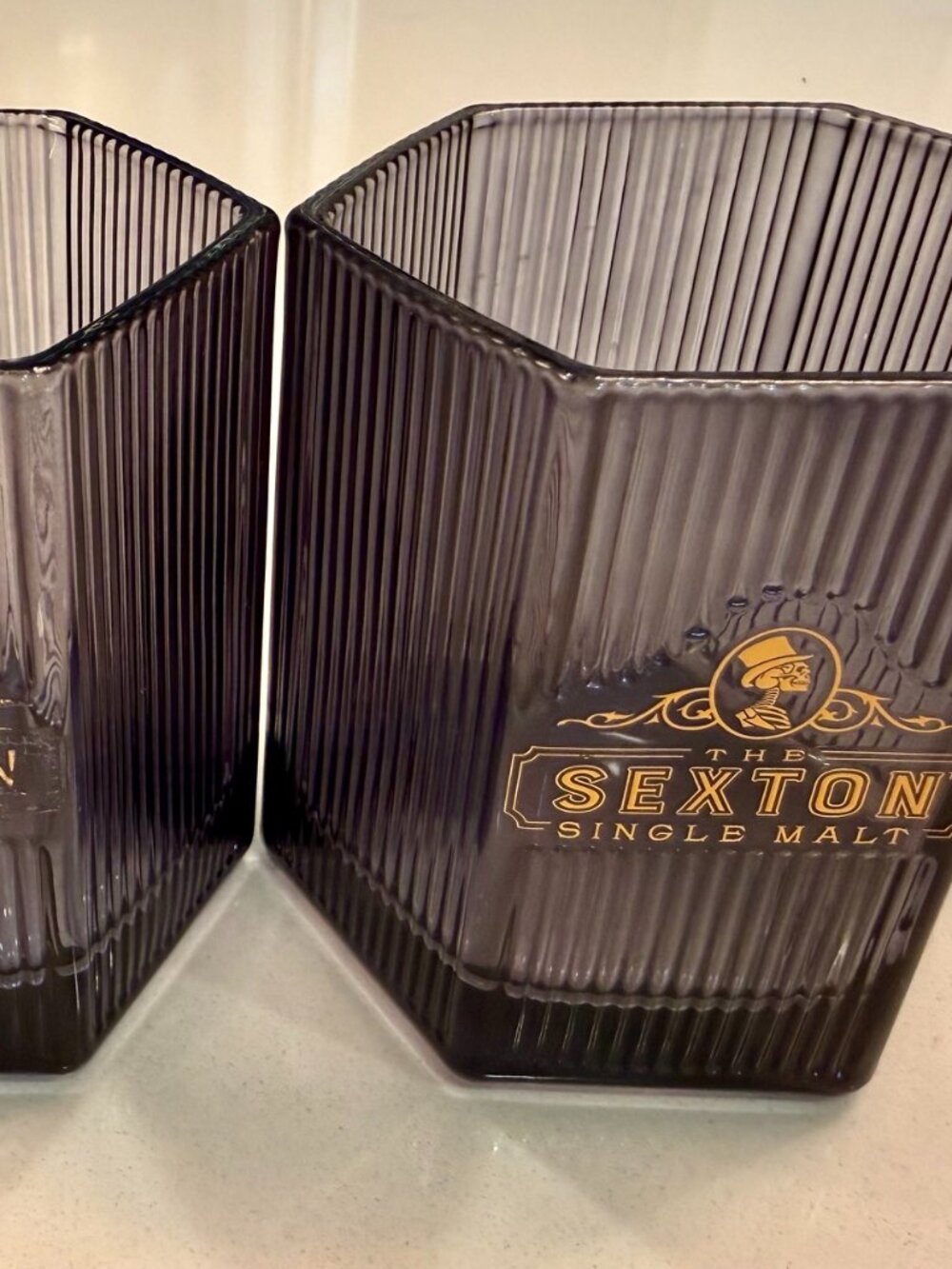 Sexton Hexagonal Single Malt Whiskey Ribbed Glasses, 9oz, Skulls, Set of 2